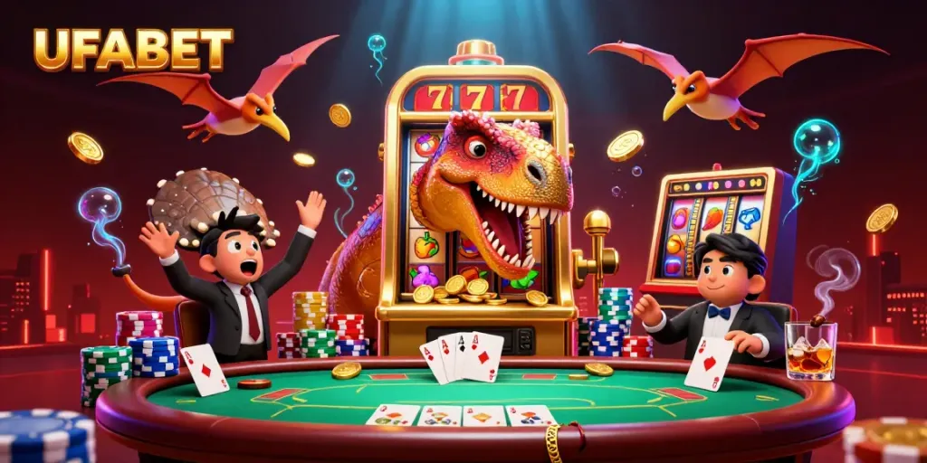 UFABET's pachycephalosaurus wins coins in a lively casino scene