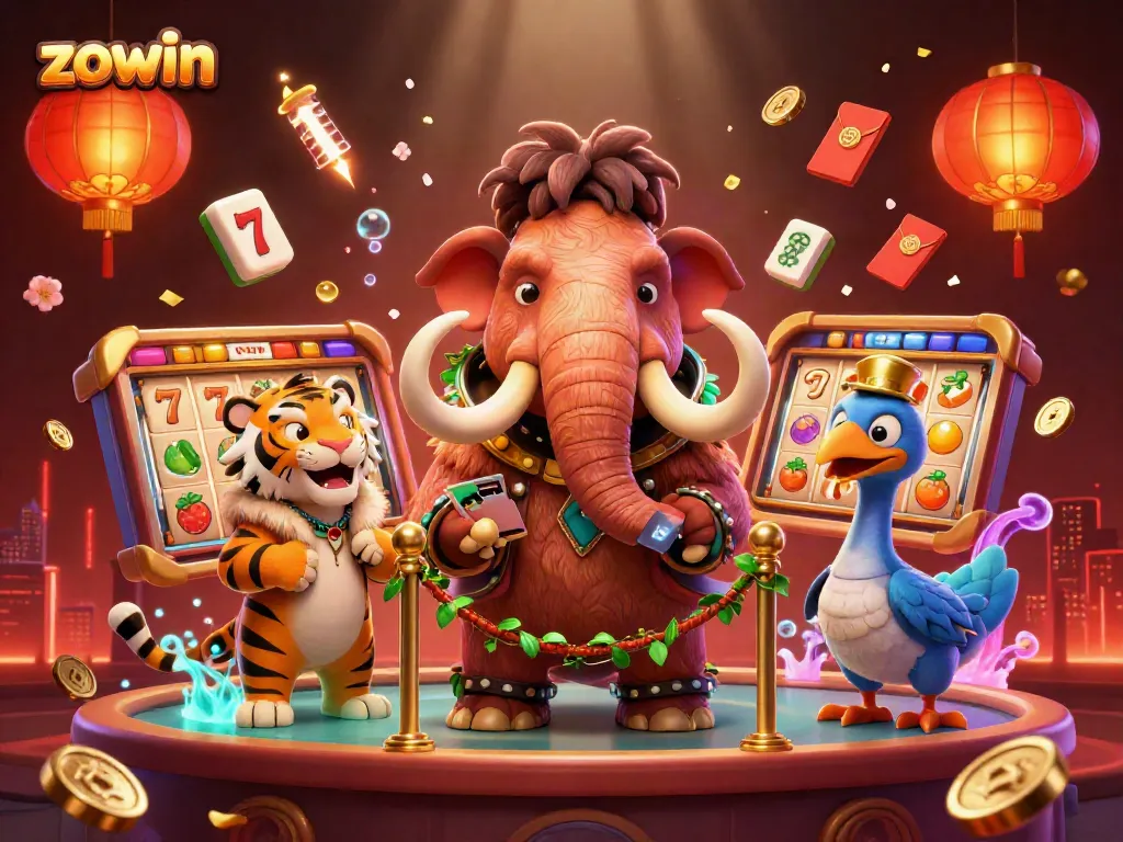 Zowin offers an exciting casino experience with vibrant slot reels and engaging characters in a dynamic scene.