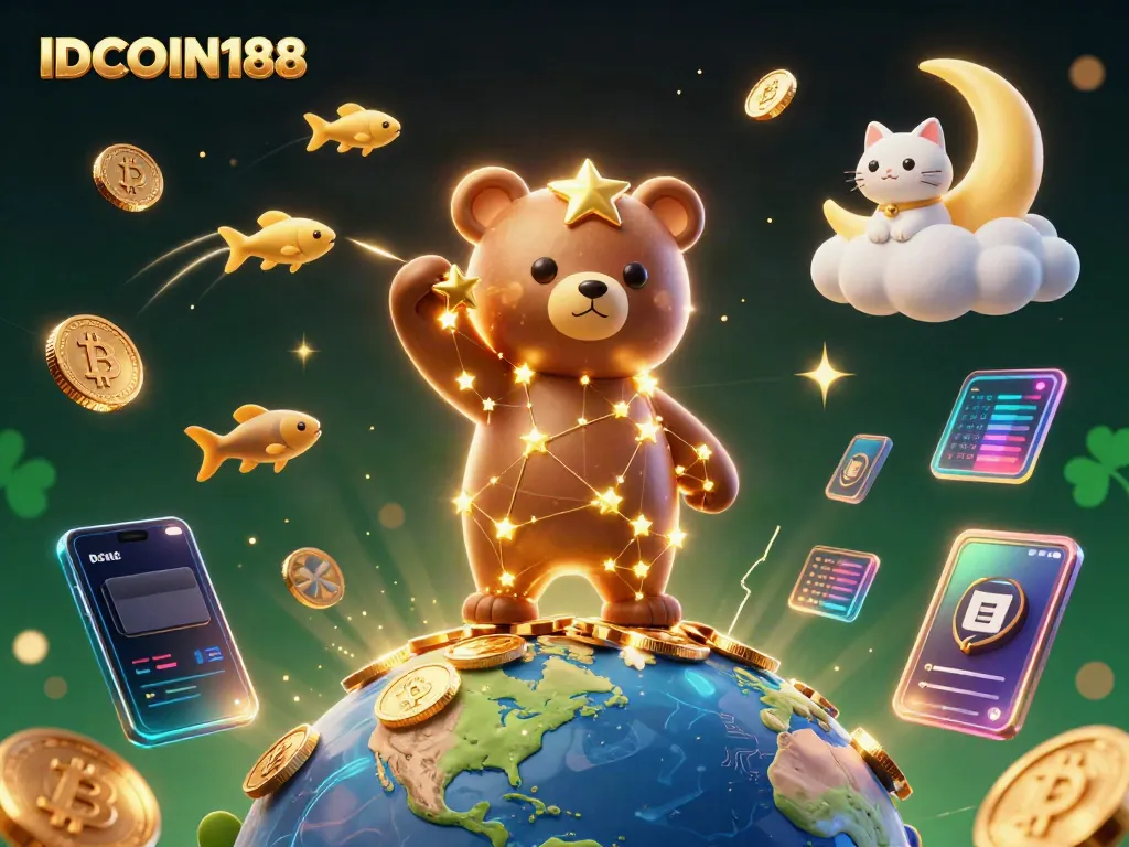 IDCOIN188 showcases vibrant 3D digital illustration of a constellation bear and celestial elements interacting with gaming symbols.