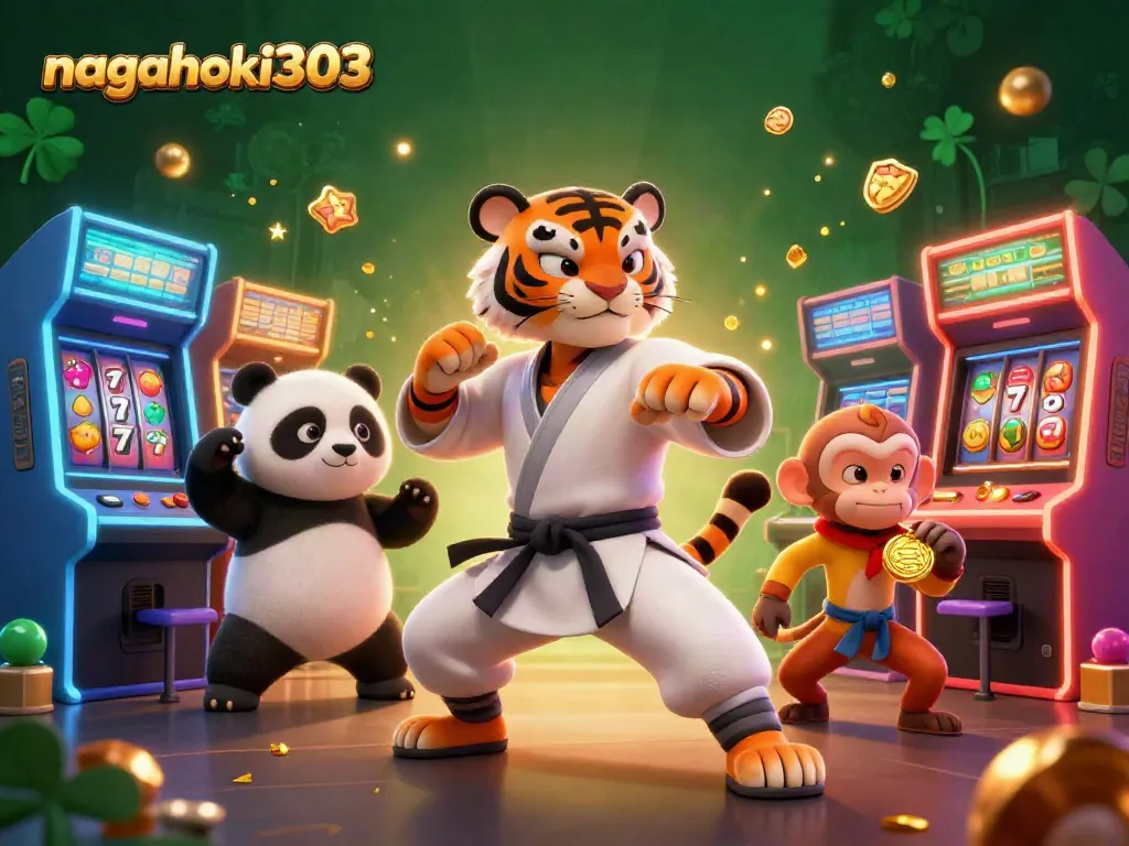 Nagahoki303 menampilkan ilustrasi 3D dengan karakter kung fu harimau, panda, dan monyet di lingkungan permainan slot yang menarik.