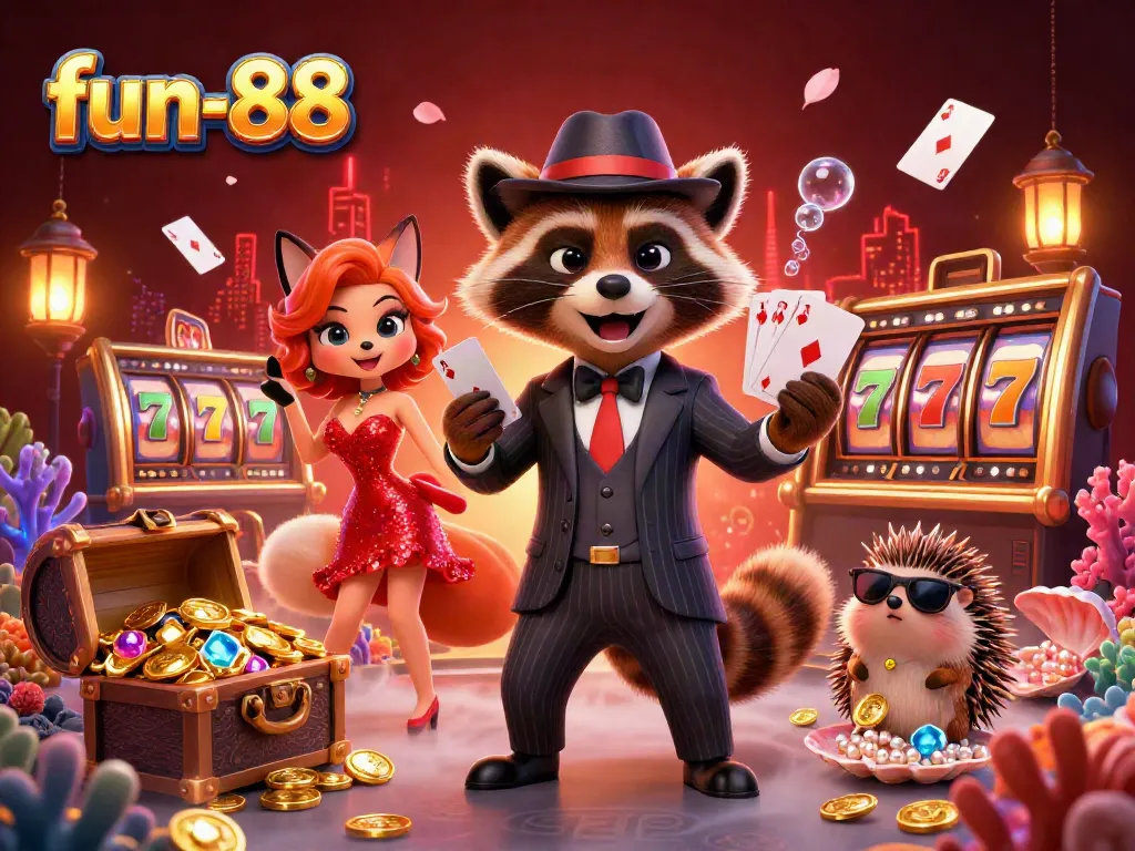 Experience the excitement of fun-88 with our vibrant casino scene featuring a suave raccoon, glamorous fox lady, and bouncer amidst lively slot elements.