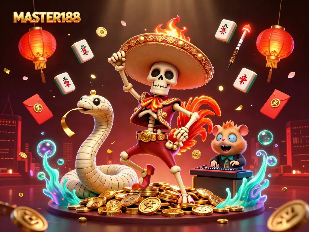 Engaging illustration of MASTER188 with vibrant characters celebrating on golden coins, highlighting online gaming excitement.