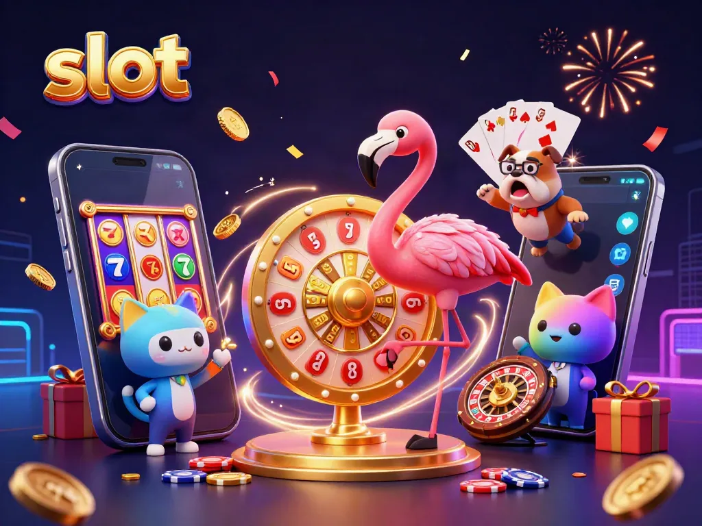 Experience thrilling slot action with a dynamic 3D scene featuring a flamingo game show host, bulldog contestant, and slot game elements.