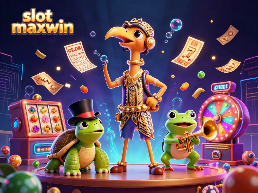 Mainkan slot maxwin dengan simbol keberuntungan dalam ilustrasi kasino 3D yang kaya dan dinamis.