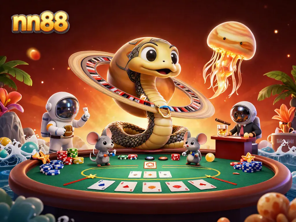 Engaging moments of tiny astronaut mice placing bets around the cosmic roulette wheel, showcasing nn88's vibrant gaming atmosphere.