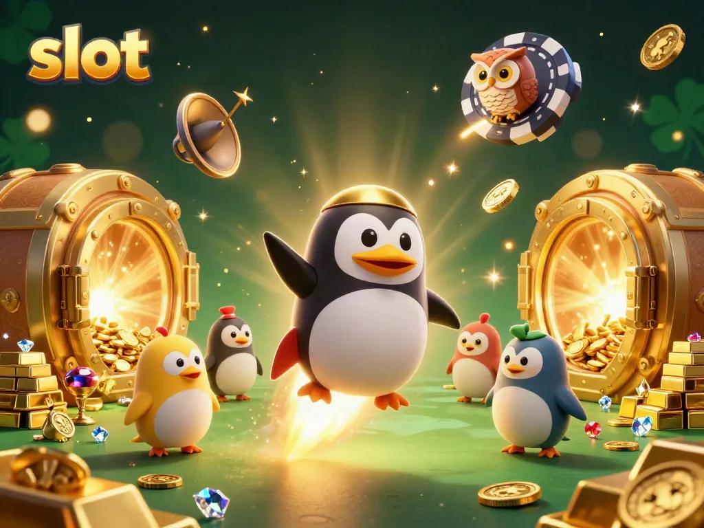 Engage with exciting slot gameplay in a vibrant casino illustration featuring a golden penguin and treasure