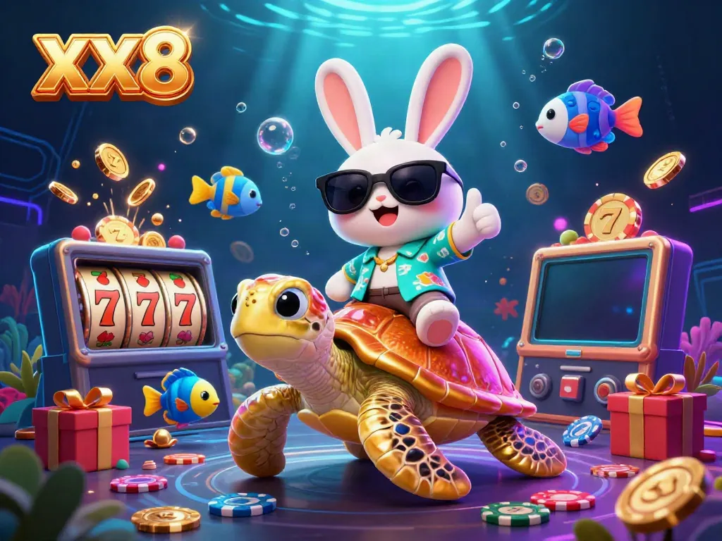 Engage in exciting gameplay with XX8 as the lucky rabbit celebrates on a golden turtle amidst vibrant casino elements.