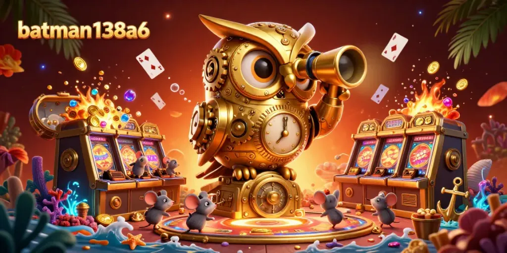 Experience thrilling gameplay at batman138a6 with a golden owl and wild mouse patrons on a vibrant casino floor.