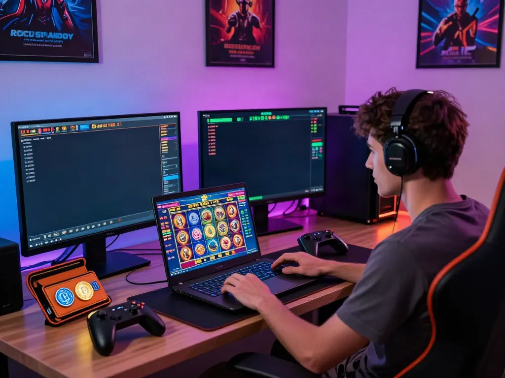 Player enjoying a live gaming session on Bro138 with vibrant slot games displayed and modern gaming setup.
