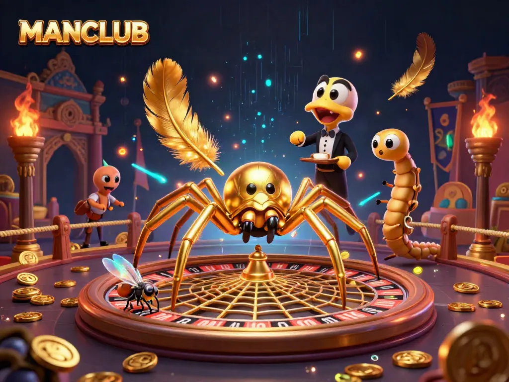 Experience the thrill of MANCLUB as a golden spider spins a roulette wheel web while a nervous fly bets.