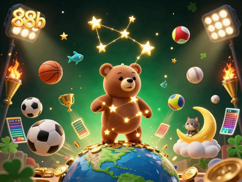 Experience the magic of 88b with a golden constellation bear gathering coins amid vibrant sports elements.