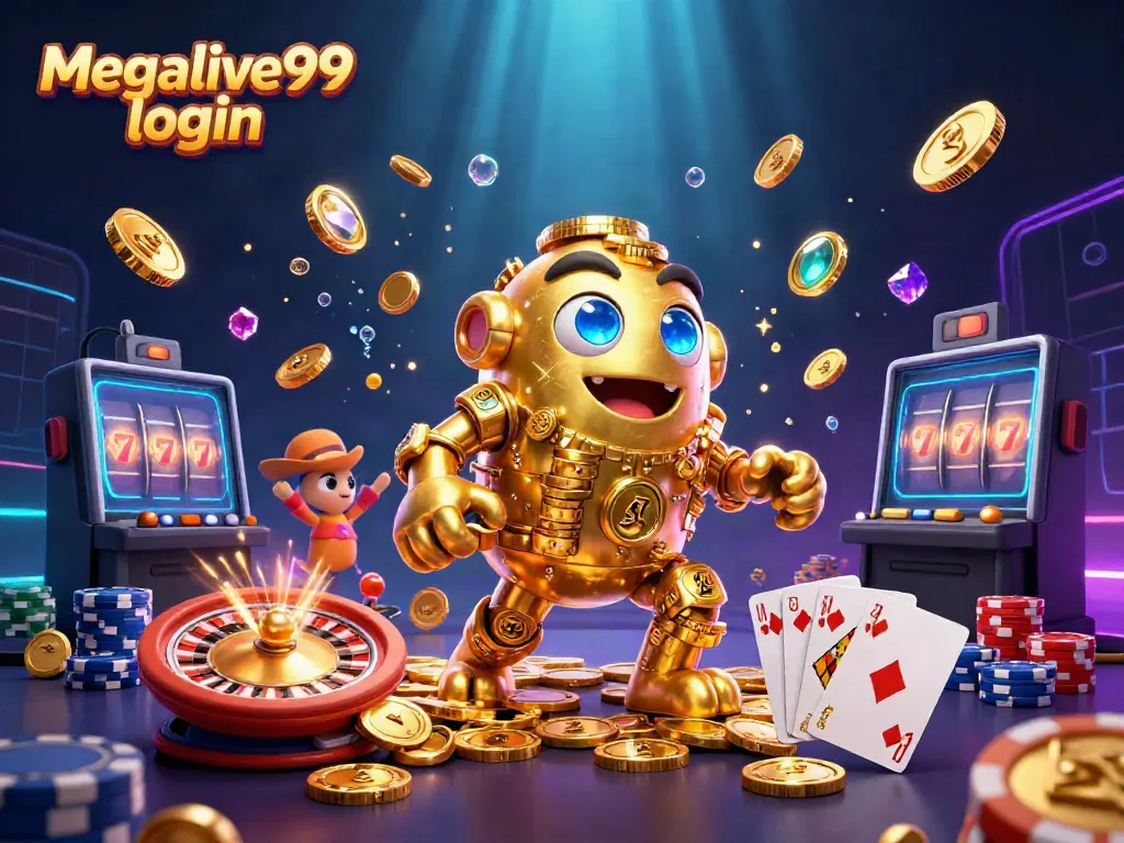 Gambarkan proses login Megalive99 dengan golem emas dan simbol permainan yang menarik.