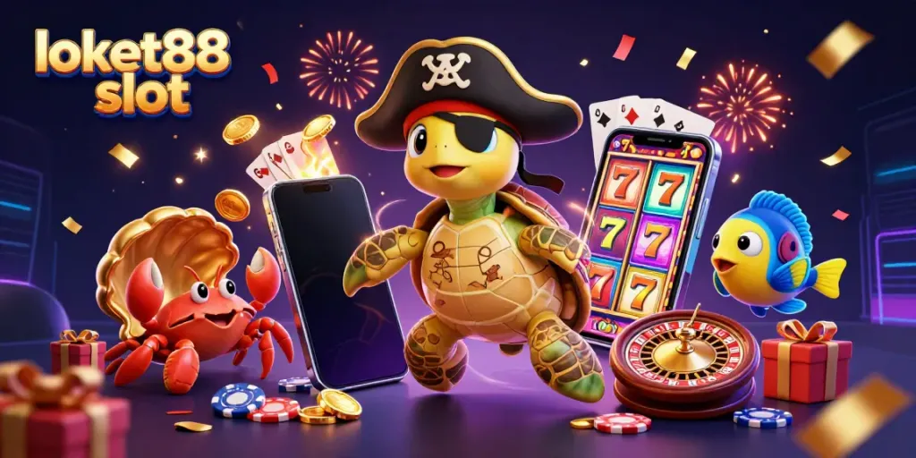 Experience the excitement of loket88 slot through this vibrant 3D illustration featuring engaging casino characters and game elements.