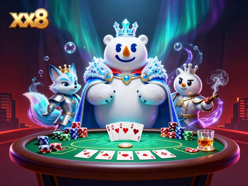 Engage in high-stakes poker with xx8 featuring an ice king polar bear and fox in a vibrant casino scene.