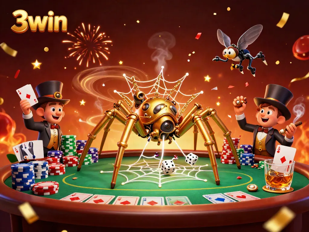 Engage with 3win's animated scene featuring steampunk elements, poker, and festive decorations, illustrating a vibrant casino atmosphere.