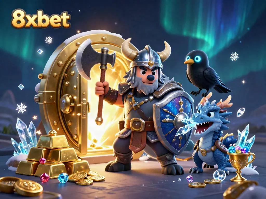 Engage in winning strategies with exciting 8xbet gaming elements, featuring animated characters and treasure.