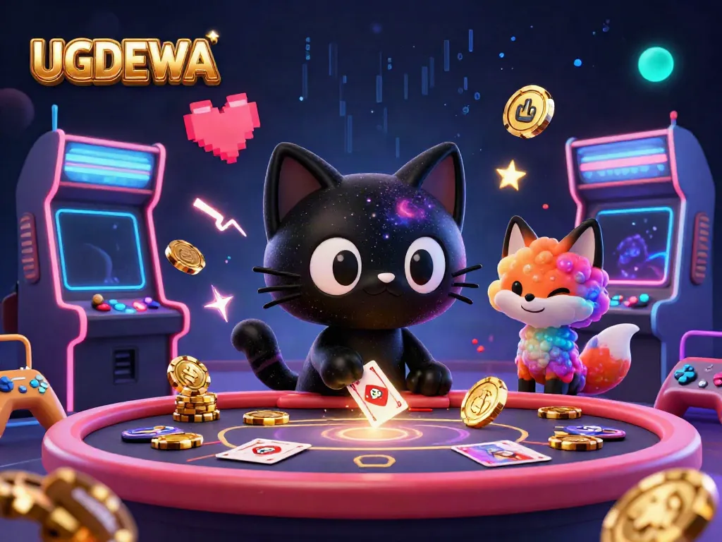 Experience the cosmic charm of UGDEWA with a black hole cat attracting casino chips at a vibrant gaming table.