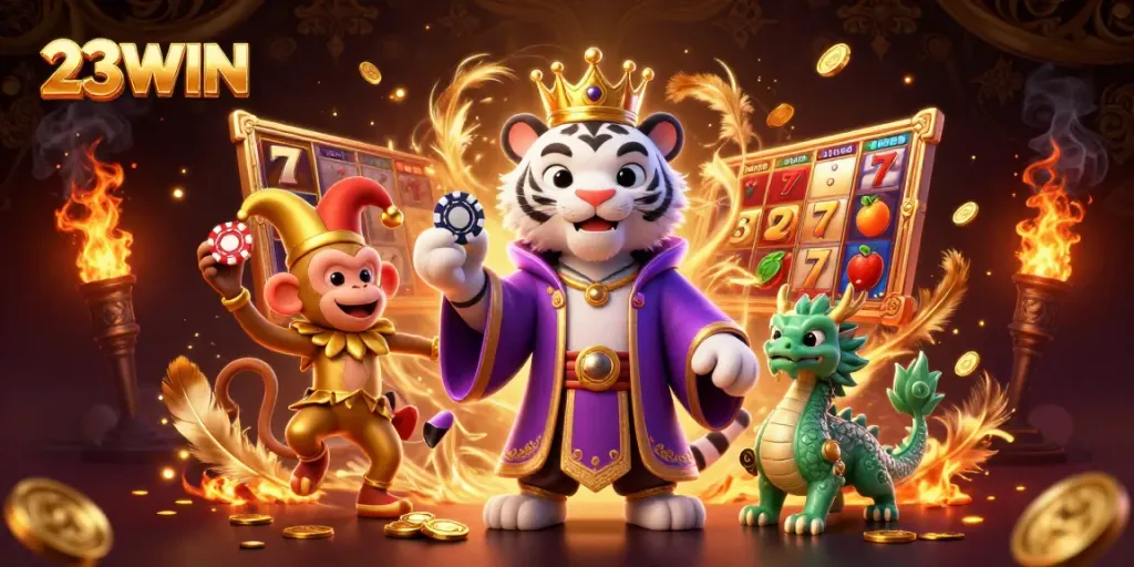 Experience the vibrant world of 23WIN with a lively illustration featuring a royal tiger and playful monkey amid golden casino elements.