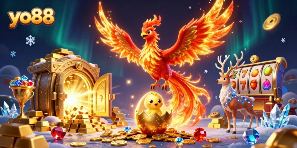 Experience the thrill of yo88 with a vibrant 3D illustration of a phoenix, treasures, and slot reels.