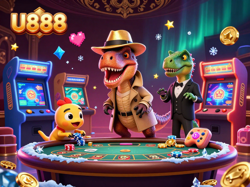 Engage with U888's thrilling casino adventures featuring a velociraptor, stegosaurus, and compy in a dynamic card scene.