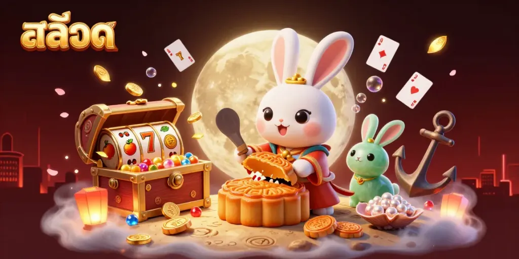 Engage with สล็อต gaming magic as a moon rabbit reveals poker chips from mooncakes in an enchanting scene.