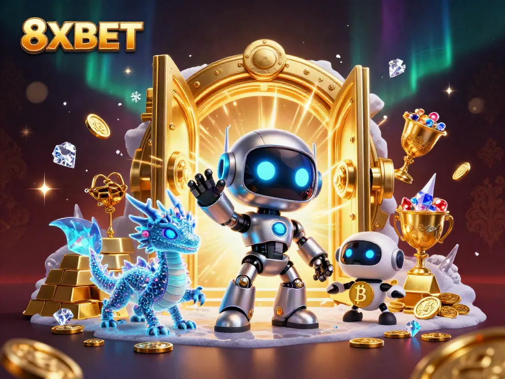 Experience thrilling 8XBET gaming with a futuristic robot and treasure-filled scene.