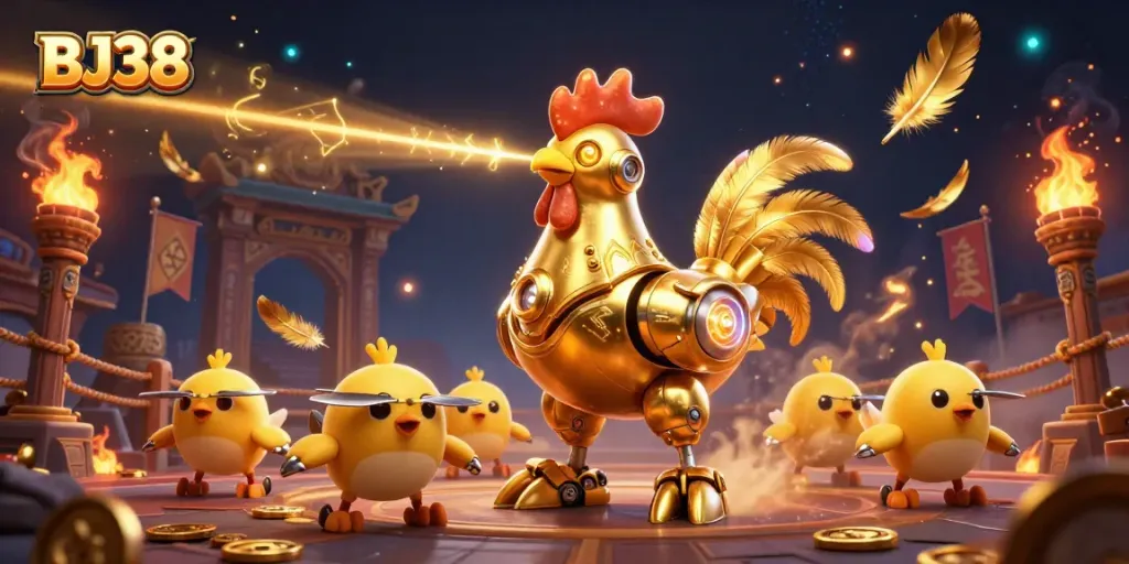 Engage with BJ38 in an immersive 3D casino experience, featuring a golden rooster robot and dynamic game elements.