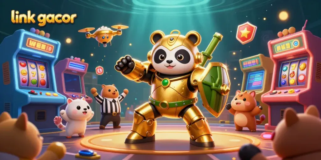 Experience the thrill of link gacor with golden panda battling in a vibrant casino arena.