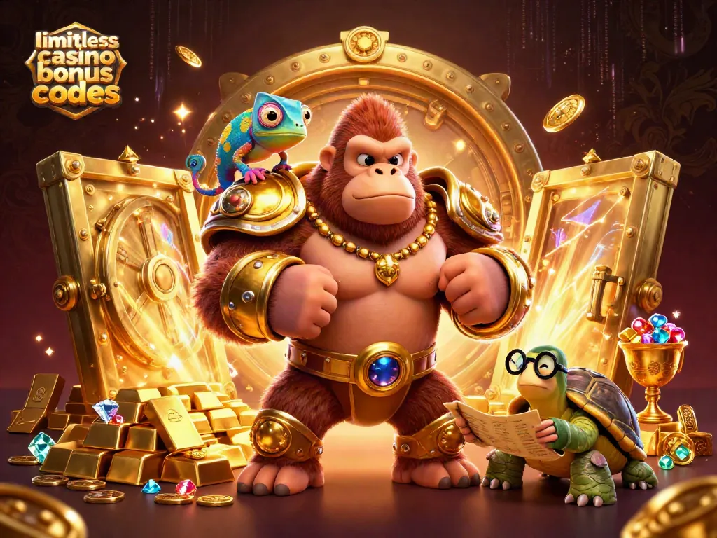 Engage with limitless casino bonus codes in a vibrant, action-packed 3D scene featuring a gorilla king, chameleon, and tortoise.