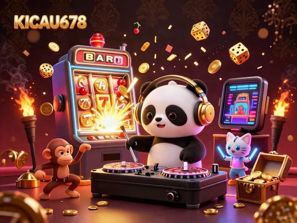 KICAU678 celebrates vibrant casino fun with a DJ panda, dancing monkey, and kitten in a jackpot scene.