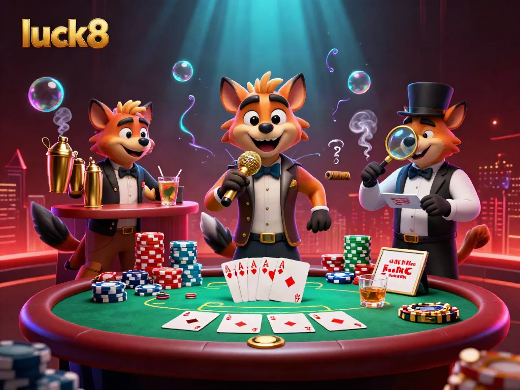 Experience luck8's vibrant casino atmosphere with hyenas in a comedy setup, highlighting the fun of online gaming.