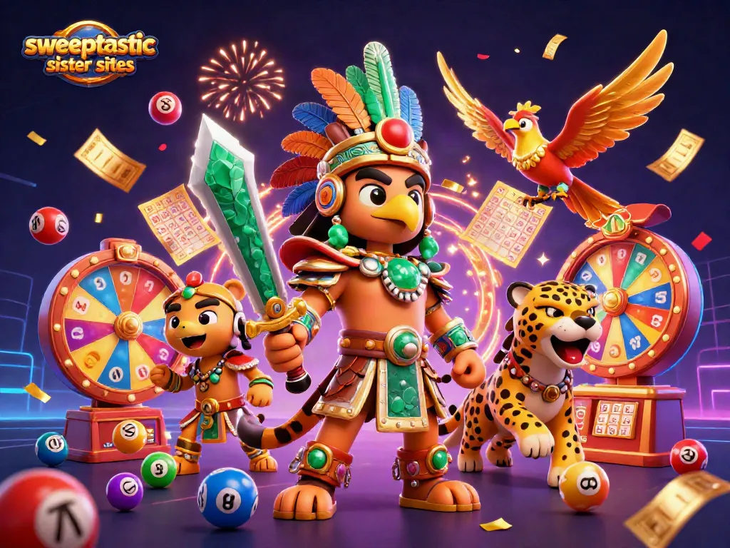Sweeptastic sister sites showcasing an exciting 3D gambling scene with colorful lottery elements.