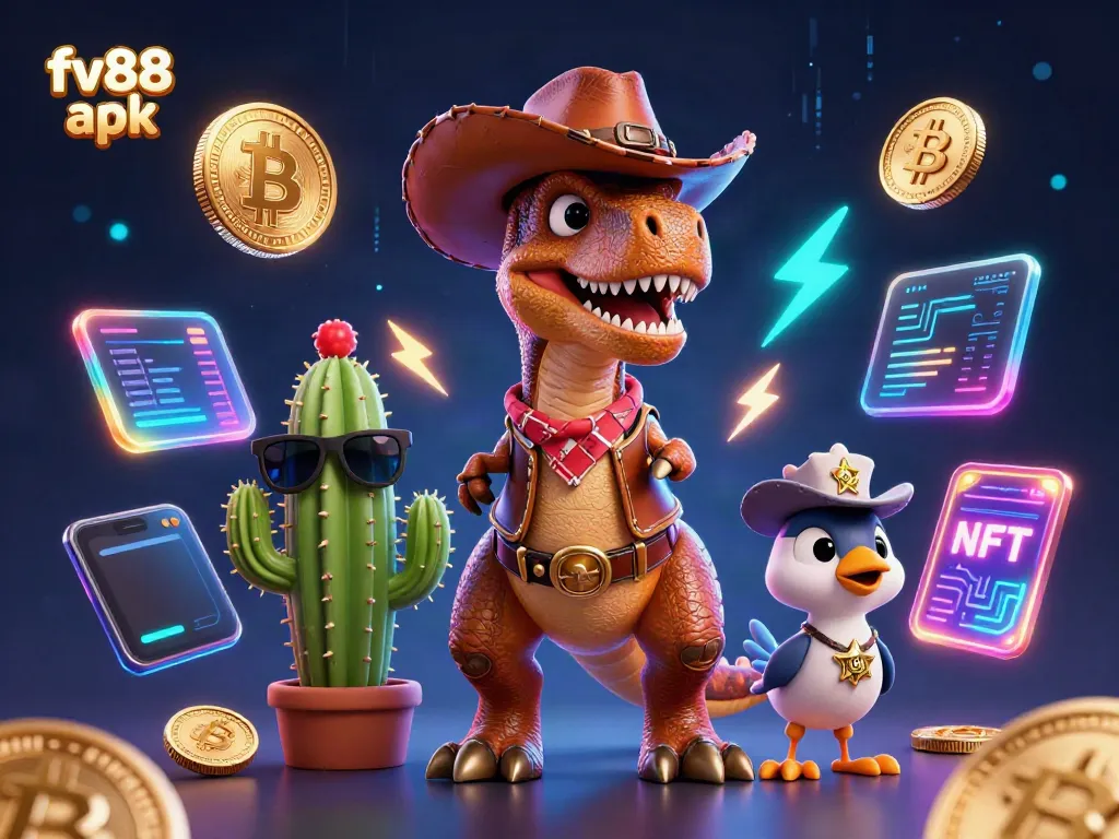 Spin the reels with fv88 apk in a vibrant, dynamic 3D casino scene featuring animated characters and crypto elements.