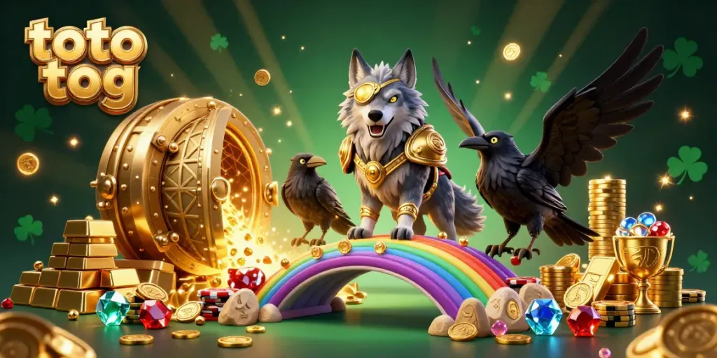 Experience jackpot thrills with toto tog as the Odin wolf and ravens enchant in a golden treasure-filled casino.