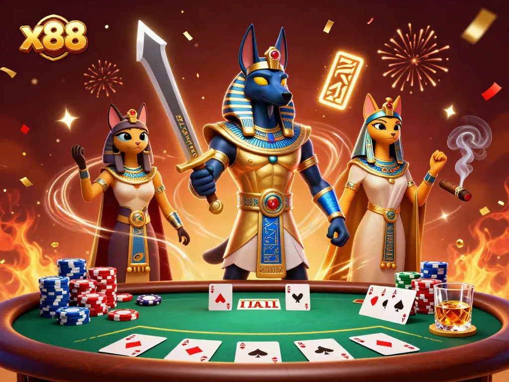 x88 brings thrilling poker action with Anubis warrior and Bastet cat at the center of a vibrant casino scene.