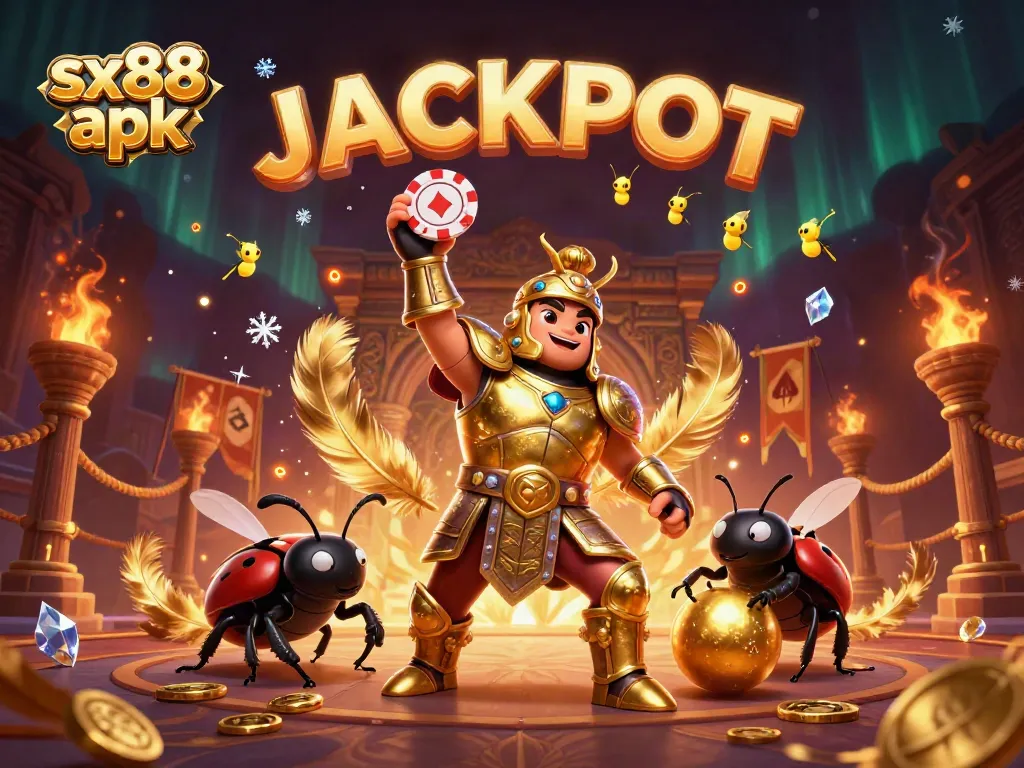 Engage with the sx88 apk in this vibrant scene featuring a victorious beetle amidst dazzling casino elements.