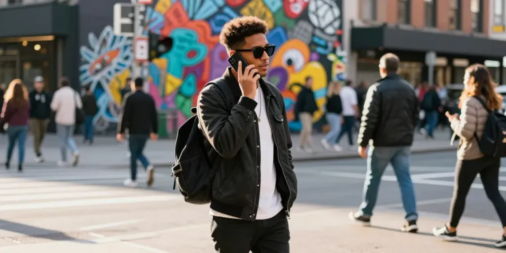 Stylish individual in streetwear discussing peh888 in a lively urban setting.
