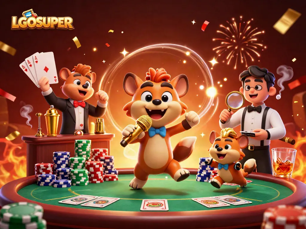 Engage with LGOSUPER's vibrant casino atmosphere featuring animated hyenas and exciting games.