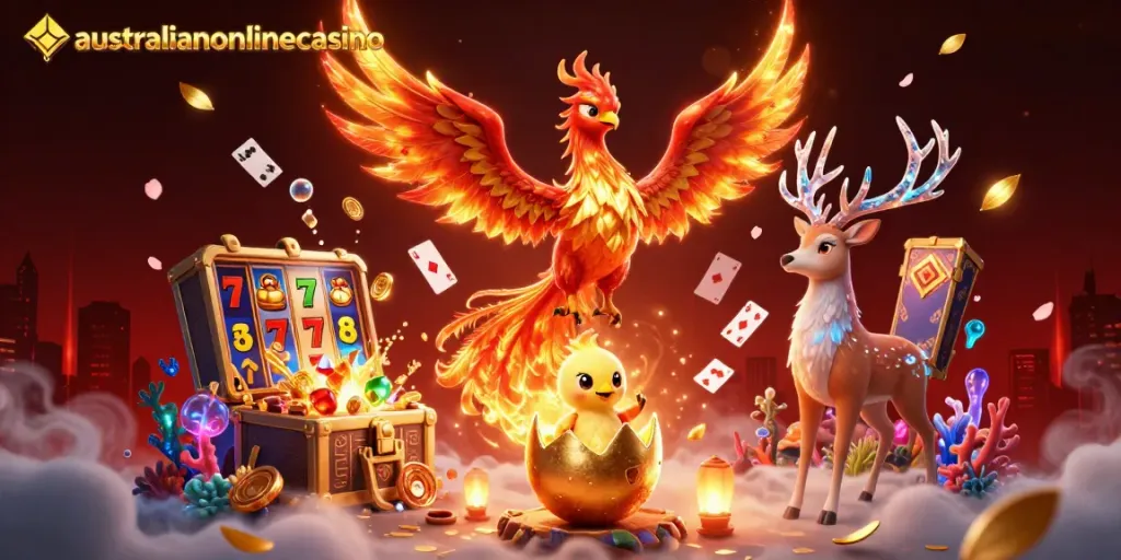 Experience the thrill of australianonlinecasino with a vibrant gaming scene featuring phoenixes and slot elements.