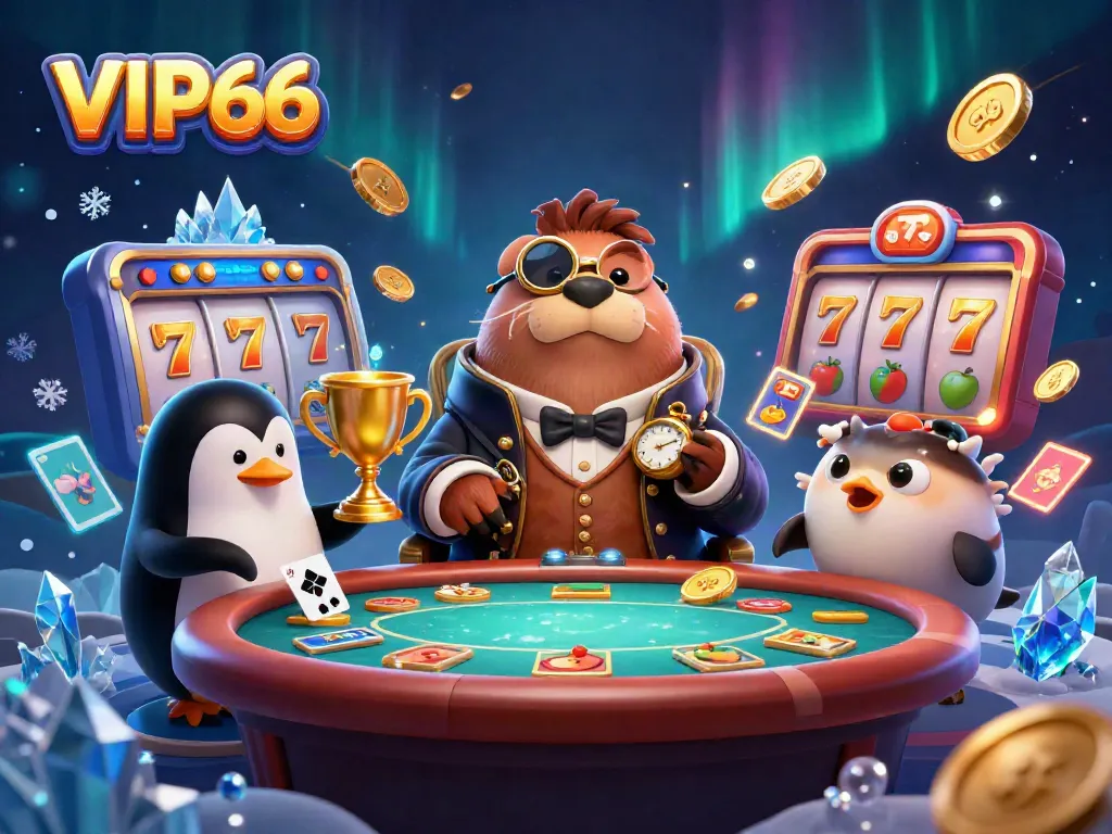 Experience thrilling slots action at VIP66 with a walrus, penguin dealer, and pufferfish in a casino setting.
