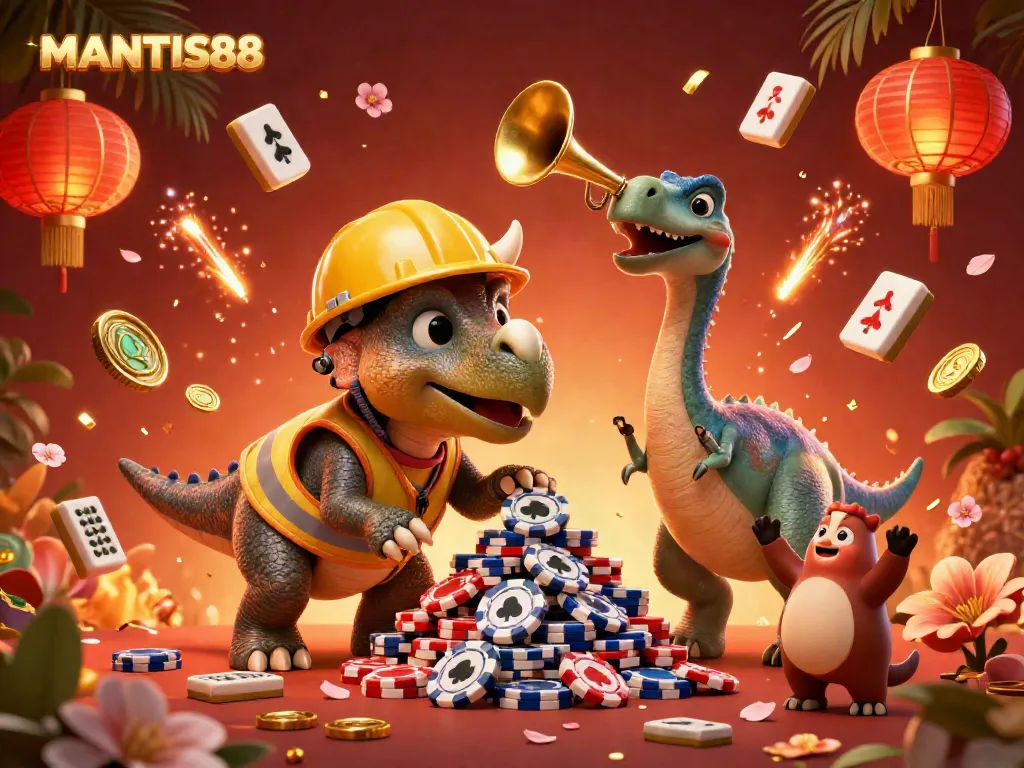 MANTIS88 showcases a vibrant celebration with animated prehistoric characters creating casino excitement.