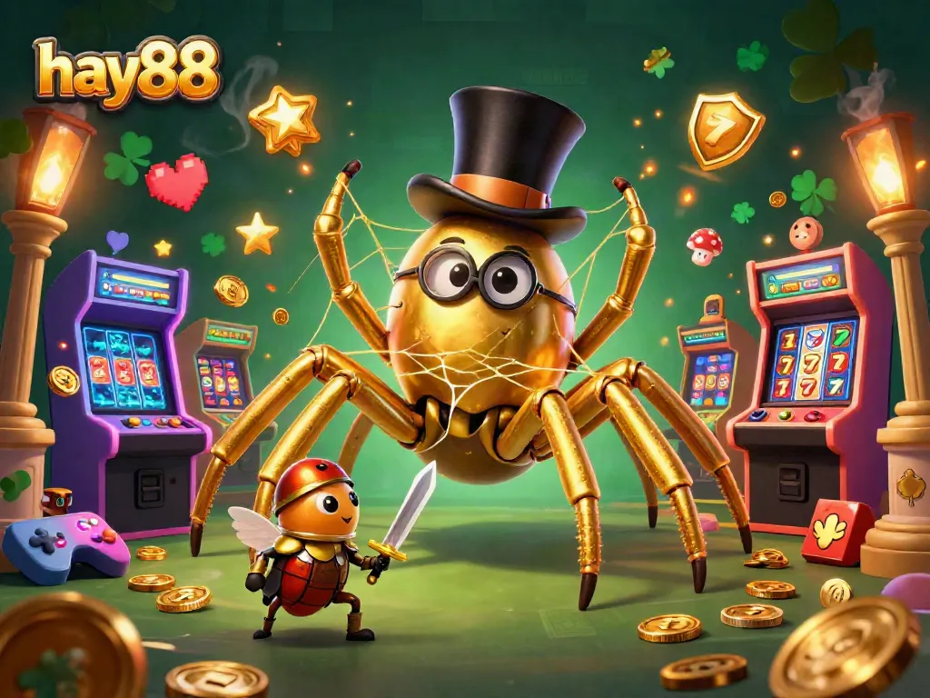 Experience thrilling gameplay with hay88 as a giant golden tarantula spins luck in a vibrant casino scene.