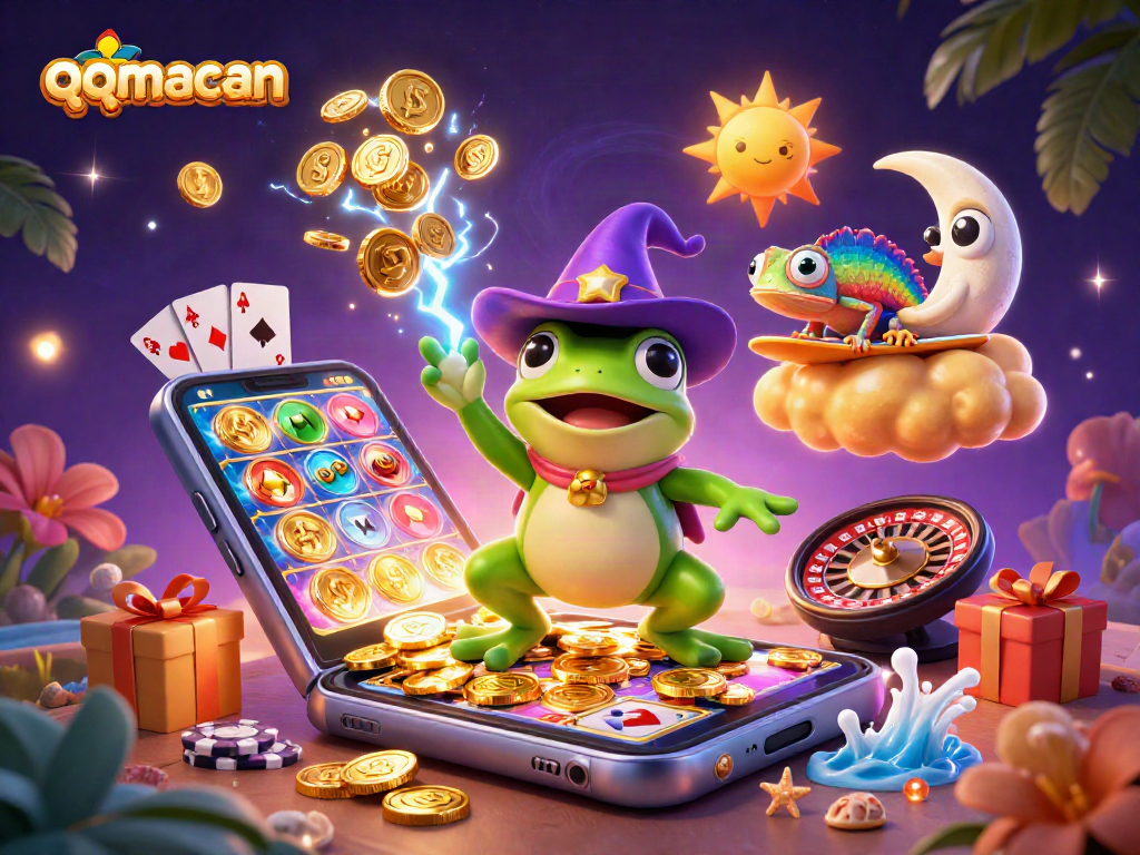 Boost your winnings with qqmacan's vibrant 3D gambling illustration showcasing exciting game elements.