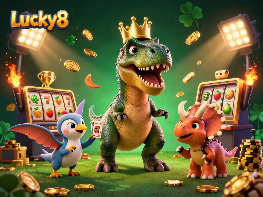 Experience Lucky8 with a cartoon T-Rex, Pterodactyl, and Triceratops in a dynamic casino scene.