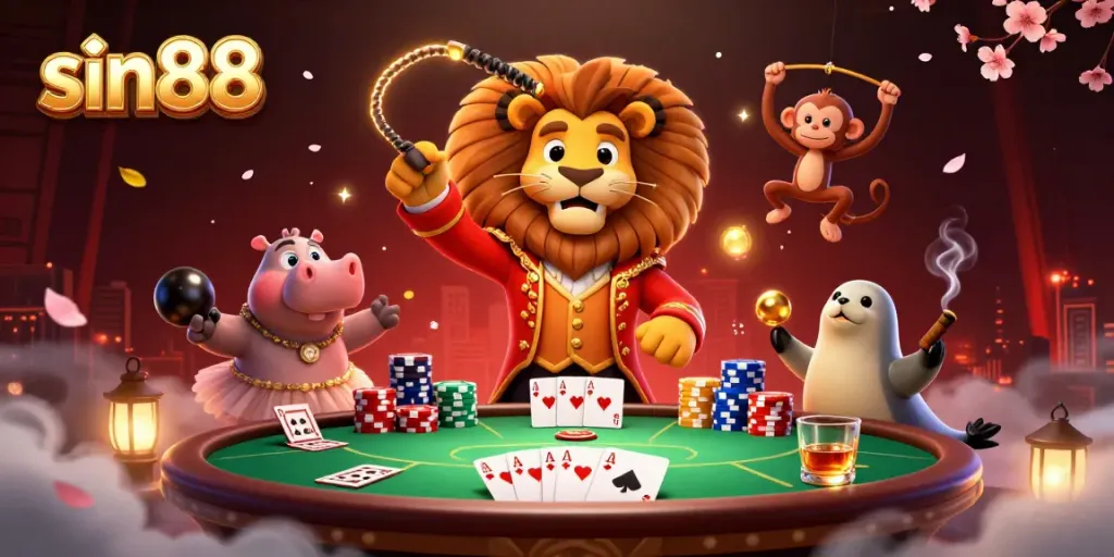 Experience thrilling casino actions at sin88 with a vibrant 3D illustration featuring cartoon characters and games.