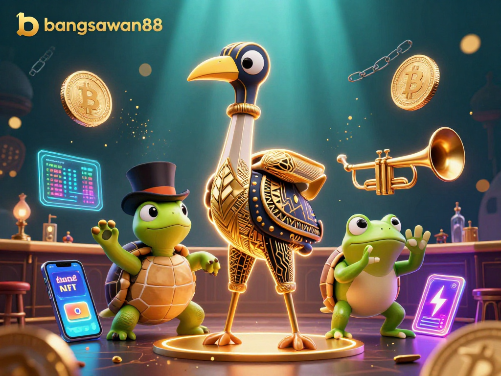 Bangsawan88 features a lively casino scene with animated characters amidst glowing crypto coins.