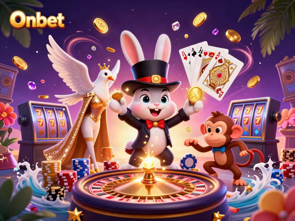 Onbet magician rabbit pulling golden coins, surrounded by poker chips, creating a vibrant casino atmosphere.