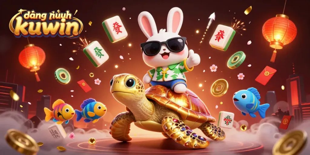 Experience the thrill of đăng nhập kuwin with this vibrant illustration featuring a lucky rabbit and a golden sea turtle.