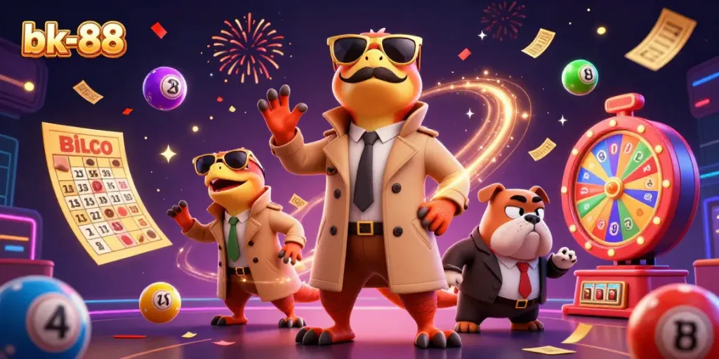 Experience the excitement of bk-88 with cartoon raptors in a lavish casino lounge, featuring vibrant game elements.