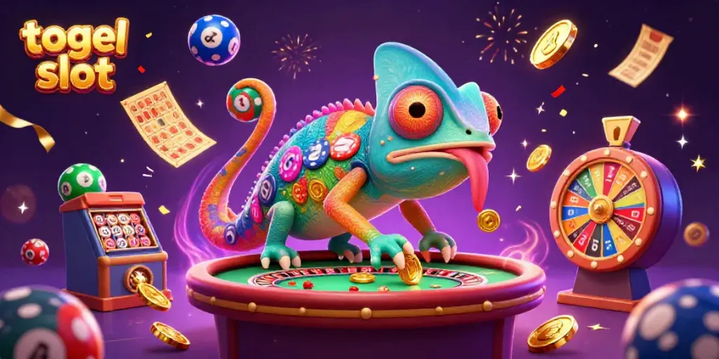 Ilustrasi 3D chameleon kasino untuk togel slot yang penuh warna dan detail.